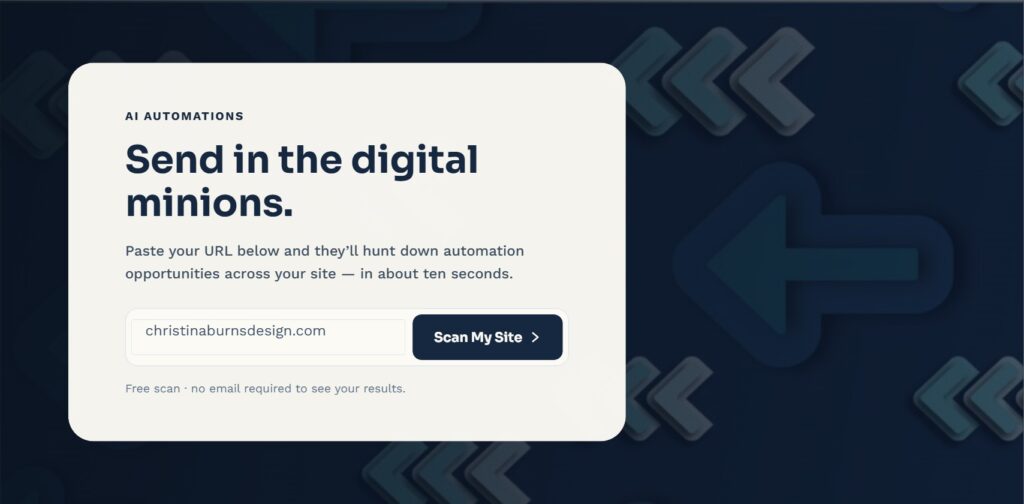 The website scan tool on the AI Automations page with christinaburnsdesign.com entered