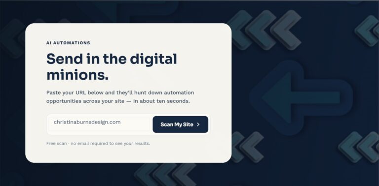 The website scan tool on the AI Automations page with christinaburnsdesign.com entered